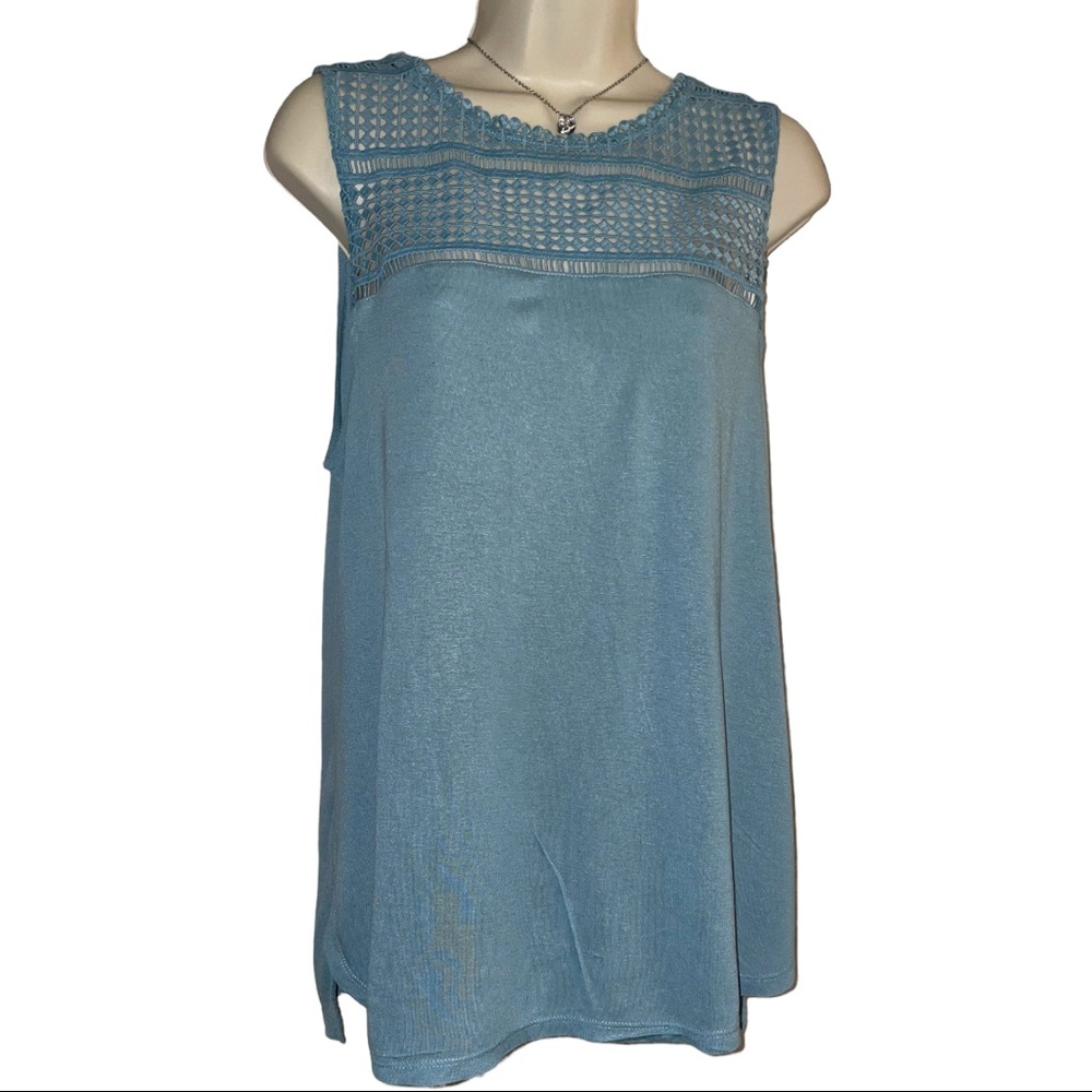 H&M Blue Sleeveless Top Medium, Crochet Lace Yoke, Keyhole Back, Viscose